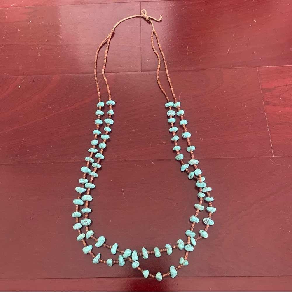 Double strand heishi shell & bright blue turquoise beaded necklace